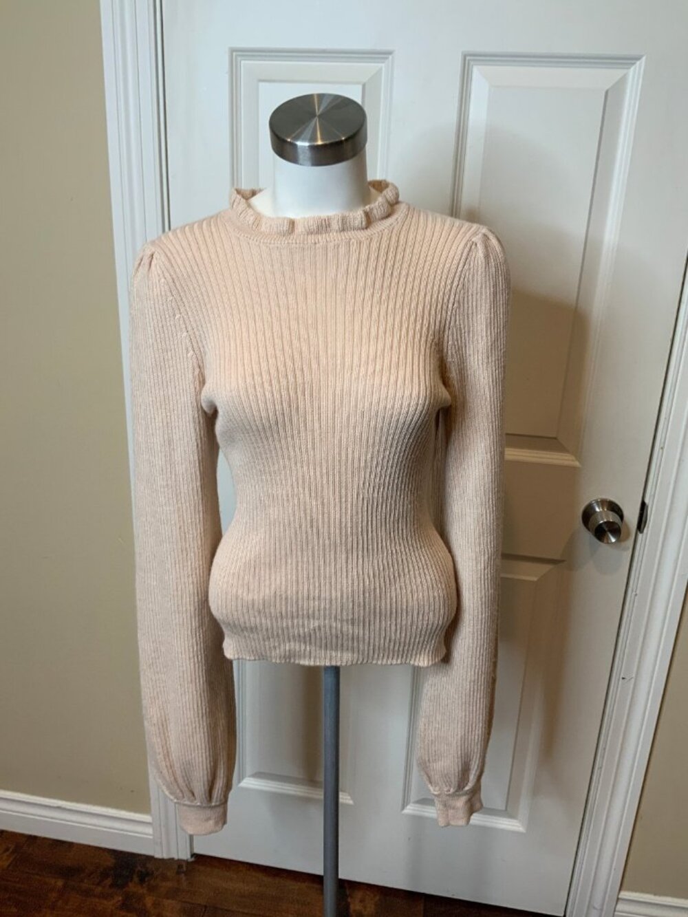Ulla Johnson Pink Alpaca Wool Ribbed Knit Ruffle Sweater, Size M